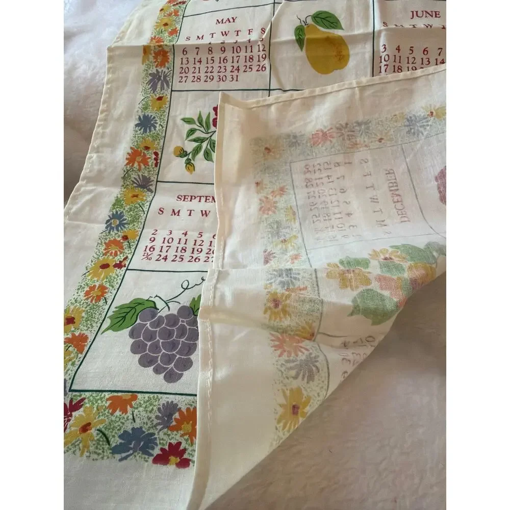 Vintage 2001 Calendar Tea Towel Flowers Fruit Linen Kitchen Wall Hanging Decor